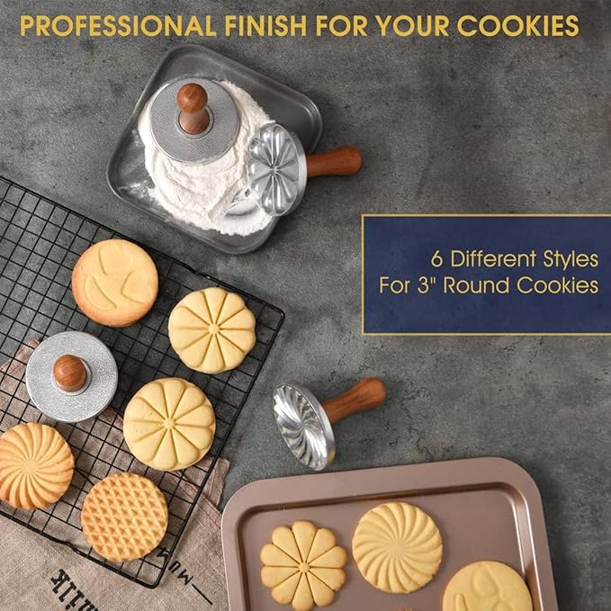 OPPEIN Cookie Stamps Set of 3, Metal Christmas Cookies Press Cutter Mold with Wooden Handle, Cookie Decorating Supplies for DIY Baking, Cake, Pastry,Christmas
