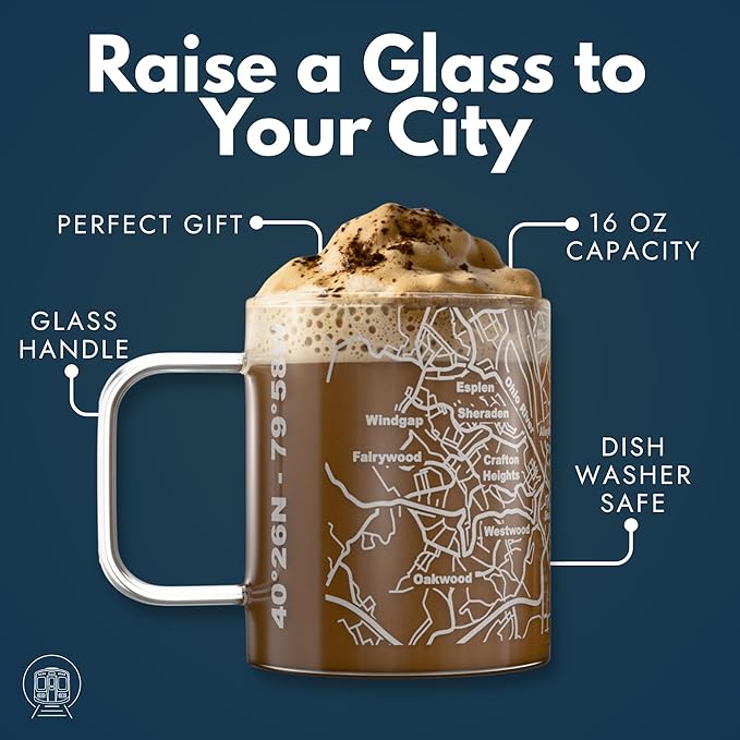 Greenline Goods – Pittsburgh, PA Map Glass Coffee Mugs (Set of 2), 16 oz – Etched Wrap Design