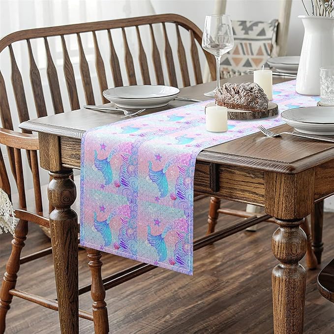 Feelyou Mermaid Table Runner 108x13 Inch Ocean Marine Themed Decorations Indoor Outdoor Party Supply Mermaid Scales Ocean Wave Shell Home Kitchen Dining Decor for Living Room Purple Pink - Image 4