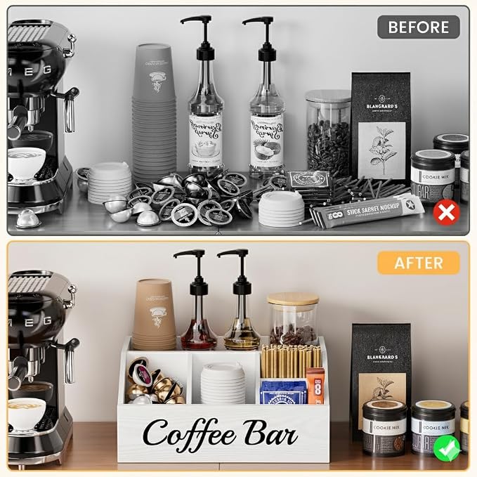 Coffee Station Organizer for Countertop – Wooden Coffee Bar Organizer with Adjustable Dividers,Holds K Cup Pod & syrup bottles, for Kitchen, Office, or Bar and Tea Station, White - Image 6