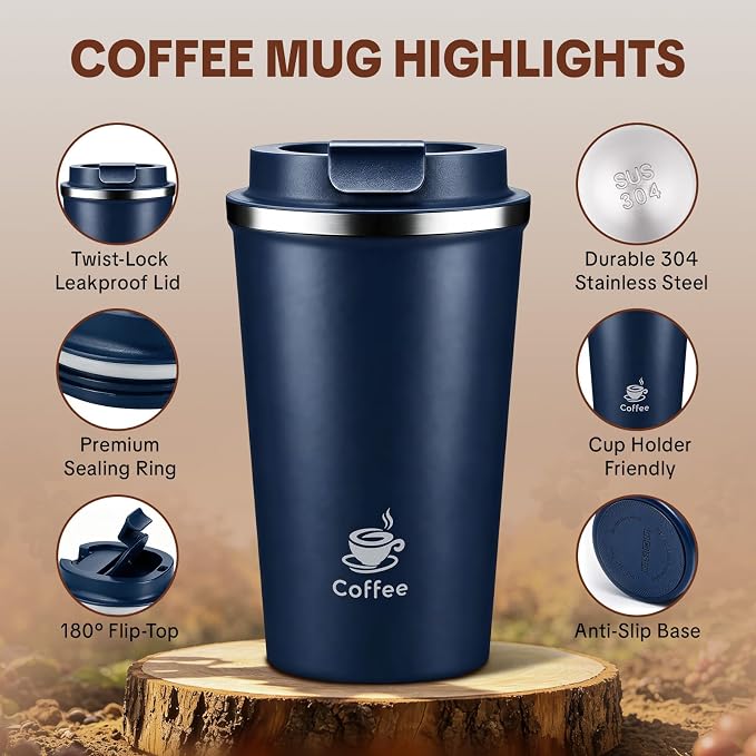 17oz Travel Coffee Mug ,Leakproof Vacuum Coffee Cup Insulated Tumbler | 304 Stainless Steel, Double-Wall Vacuum Insulated, Leakproof, Fits Hot & Cold Drinks Car Cup Holders, Travel, Office - Image 5