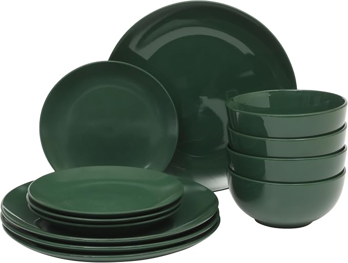 Gibson Home Simple Essential (Service for 4) 12 Piece Plates and Bowls Porcelain Solid Color Dishes Ceramic Dinnerware Set - Hunter Green by GibsonHomewares