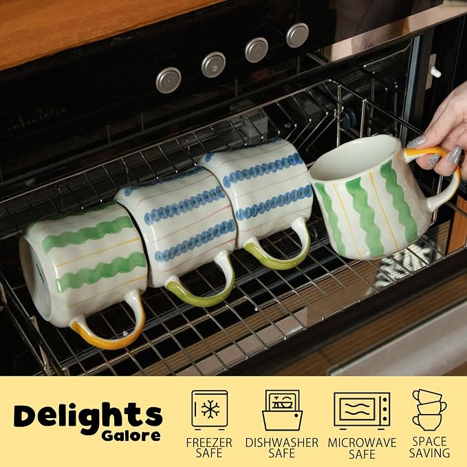Striped Ceramic Coffee Mug Set of 4 (16oz) - Handmade Look Tea Cups with Yellow/Green Handles, Microwave Safe, Durable Daily Drinkware - Image 2