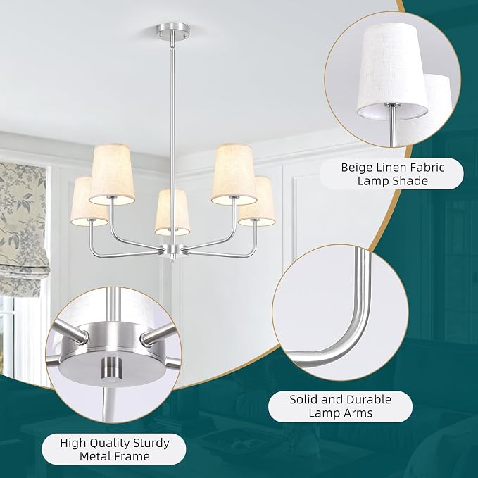 5 Light Brushed Nickel Chandelier, 28" Modern Farmhouse Ceiling Light Fixture with Fabric Shade, Pre-Wired Thicker Arm Pendant Lights for Dining Room Kitchen Island Over Table Entryway Foyer - Image 6