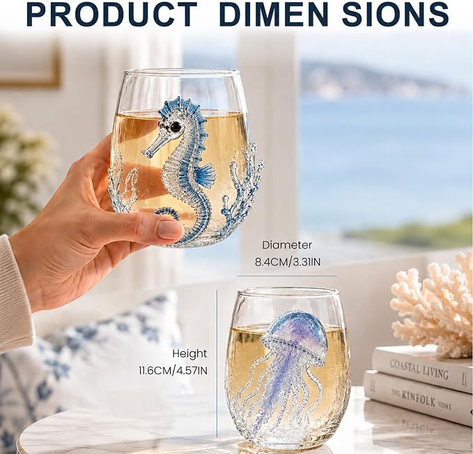 Coastal Stemless Wine Glasses Set of 4, 12oz 3D Ocean Animal Artisan Glassware Collection with Unique Sea Life Designs (L - Set of 2) - Image 3