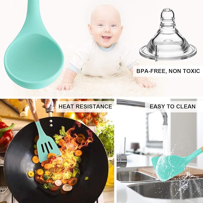 MIBOTE Silicone Cooking Kitchen Utensils Set, Wooden Handle, Teal | BPA-Free, Non-Toxic Silicone Turner, Tongs, Spatula, Spoon Set – Great for Nonstick Cookware, Heat-Resistant, Easy Clean - Image 2