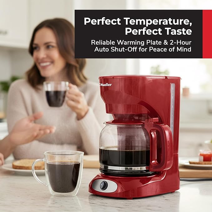 MUELLER HOME 12-Cup Red Coffee Maker | Borosilicate Carafe, Auto-Off, Reusable Filter, Anti-Drip, Keep-Warm Function - Image 3