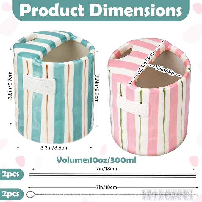 2 Pack Ceramic Coffee Mug with Sip Hole Espresso Cup 10oz with Straws Retro Hand Painted Striped Ceramic Iced Coffee Tea Travel Mug Latte Cup for Kitchen Dining (Simple,Pink,Blue) - Image 2