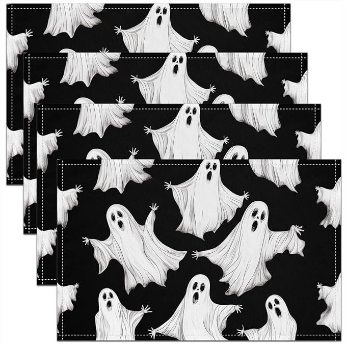 Feelyou Happy Halloween Placemats Set of 4 Ghost Table Mats White Black Place Mat for Kitchen Dining Table Party Decor Indoor Outdoor 18"x12" Non-Slip Easy to Clean Horror Theme by Feelyou