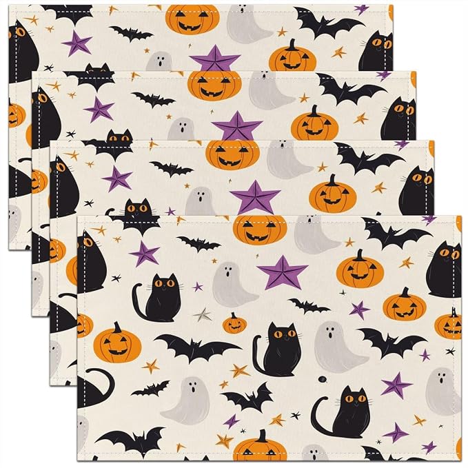 Feelyou Happy Halloween Placemats Set of 4 Cute Ghost Cat Table Mats for Party Kitchen Dining Decoration Beige Black Orange Place Mat for Table Holiday Decor Indoor Outdoor 18"x12" Non-Slip by Feelyou