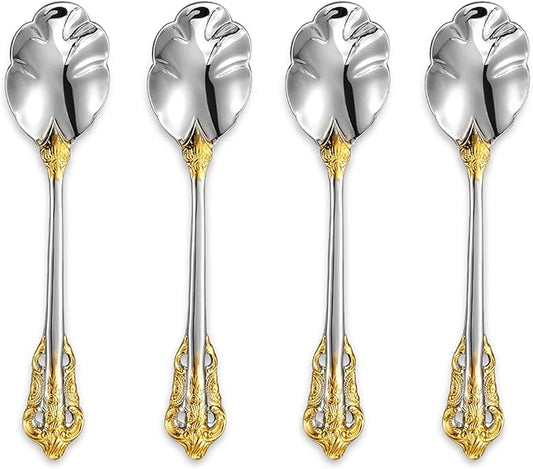 KEAWELL Premium Luxury 4-Piece 6" Tea Spoon Set, 18/10 Stainless Steel, Vintage Coffee Espresso Demitasse Spoons, Smooth Edges, Dishwasher Safe (Gold Accent)