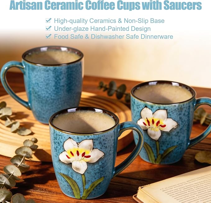 12oz Coffee Mugs Set of 4, Hand-Painted Floral Stoneware Cups with Handle, Dishwasher Microwave Oven Safe, Cappuccino Mugs for Latte, Tea, Espresso & Hot Cocoa, for Home Kitchen & Cafe, Blue - Image 5