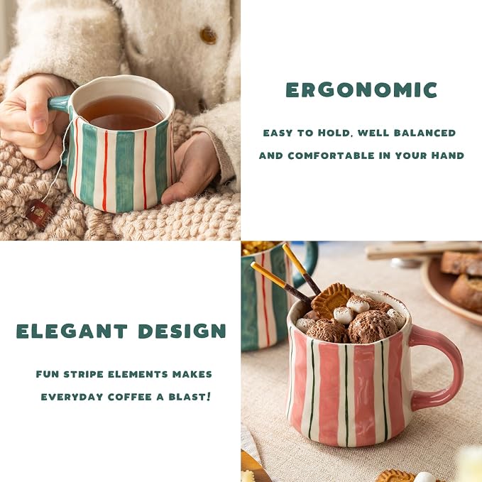 Striped Ceramic Coffee Mugs Set of 2, Pink and Green Stackable Stoneware Mugs for Morning Coffee, Tea & Cocoa, 12oz Dishwasher & Microwave Safe Mug Gift Set for Home & Office - Image 9