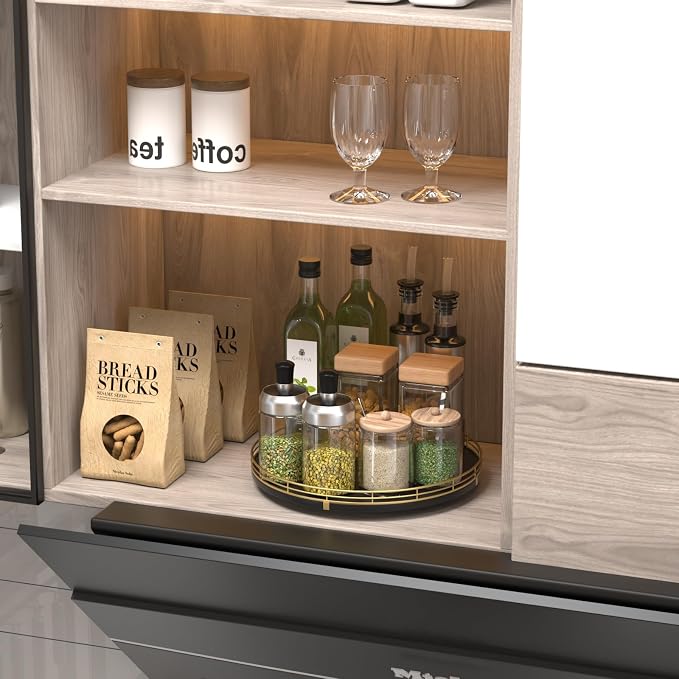 Oroyutor 12-Inch Oak Lazy Susan Spice Organizer with Gold Metal Rail | Rotating oak tray organizes spices, toiletries and decor on kitchen counters, bathroom vanities, dining and coffee tables. - Image 7
