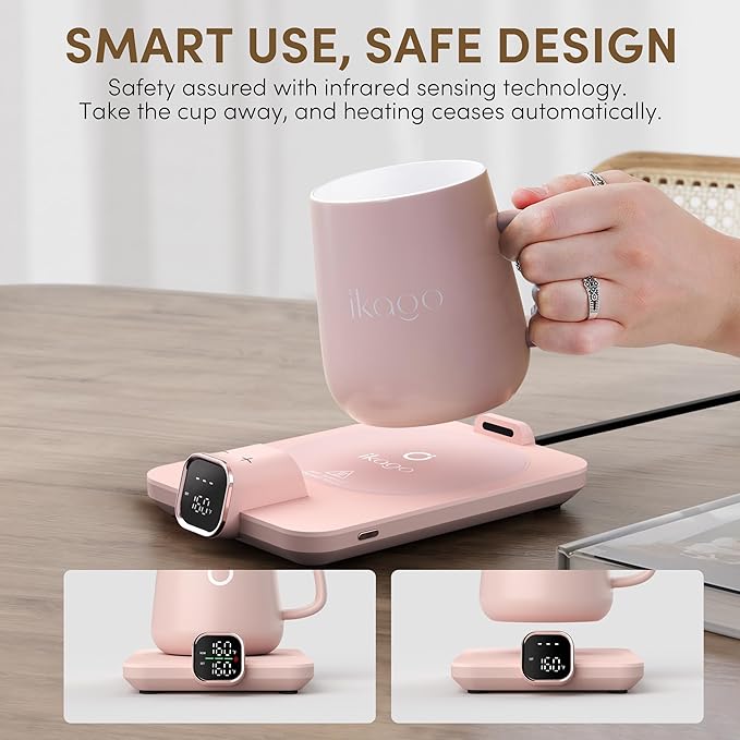 Coffee Cup Warmer & IKAGO Mug Set, 1℉ Precise Temp Control Mug Warmer | Auto Shut Off, Infrared Sensor, Dual Temp Display, ℉/℃ Optional, 15oz Mug with Spoon & Lid Included, Gifts for Men Women - Image 4