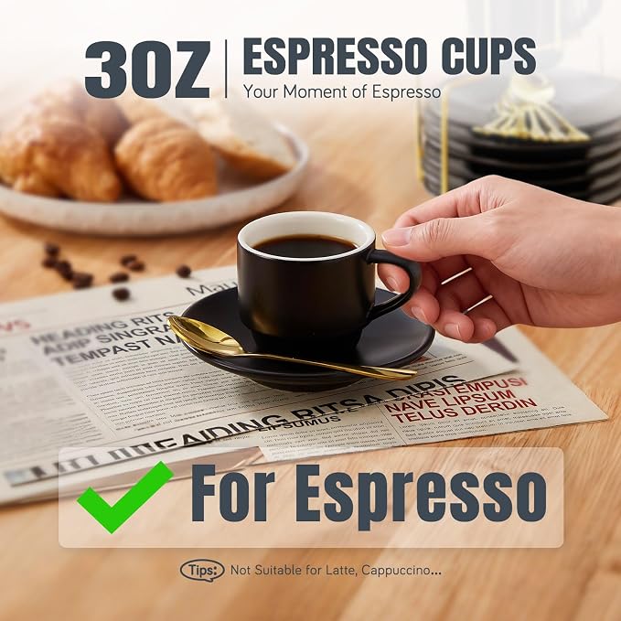 Lareina Porcelain 3-Ounce Espresso Cups Set of 6, Small Stackable Coffee Cups with Saucers, Spoons and Metal Stand - Ceramic Demitasse Mugs, Double Shots Expresso Cup, Matte Black - Image 2