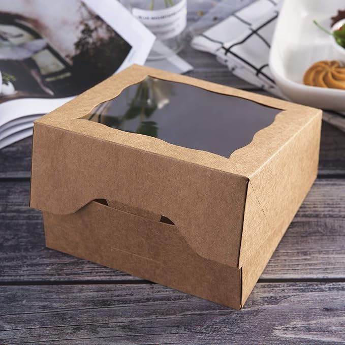 ONE MORE [25pcs] 6" Brown Bakery Boxes with pvc Window for Pie and Cookies Boxes Small Natural Kraft Paper Box,6x6x2.5inch(Brown,25)