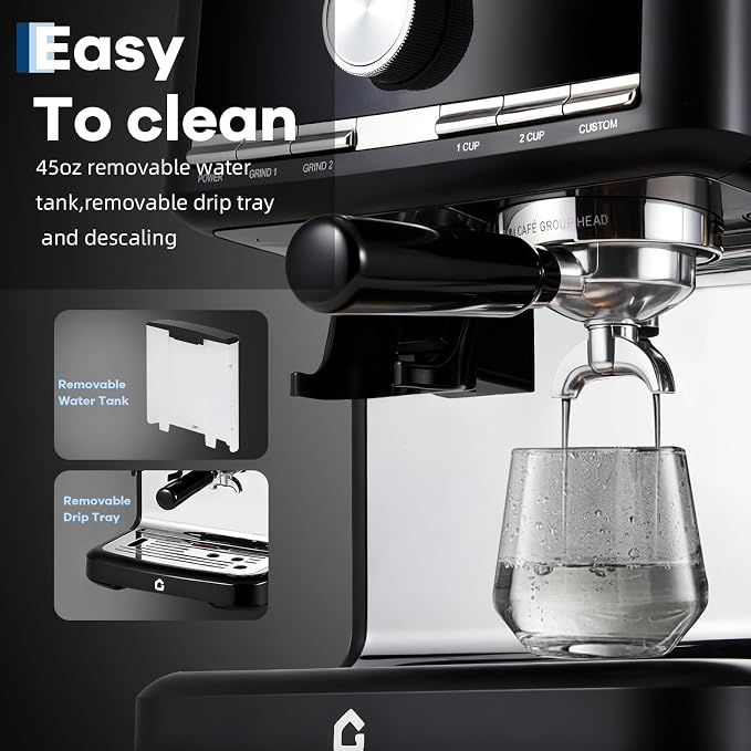 Deluxe Espresso Machine with Double Boiler, Built-in Burr Grinder | 30 Grind Settings, 1.5L Removable Tank, Use Milk Frother and Brew Espresso Simultaneously, Coffee Maker Steam Wand - Image 4