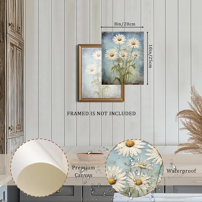 XOCUUI Unframed Wall Art For Bedroom DéCor Farmhouse Floral Canvas Wall Art White Daisy Wall Picture Daisy Canvas Print Neutral Artwork for Home Living Room Bedroom Office 12x16 - Image 2