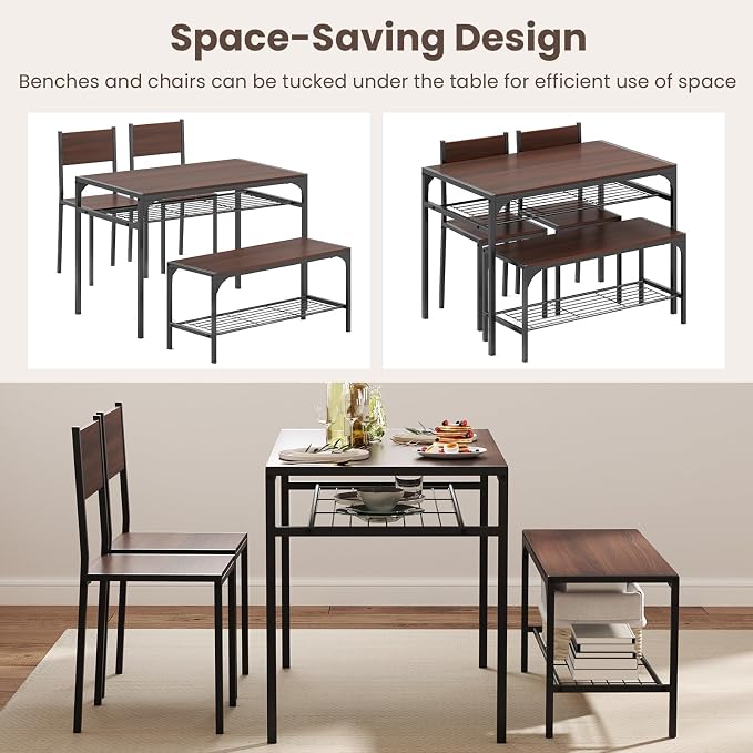 Giantex Dining Table Set for 4, Kitchen Table with Chairs & Bench, Storage Racks, Metal Frame, 4-Piece Space-Saving Dinette Set for Dining Room, Breakfast Nook, Small Space, Apartment, Walnut - Image 3