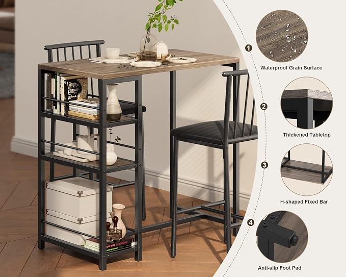 Gizoon 3-Piece Bar Dining Table Set for 2, Kitchen Table w/Shelves Grey | Space-saving grey bar height table set with 3 storage shelves. Includes 2 high-density PU cushion chairs that tuck away. - Image 3