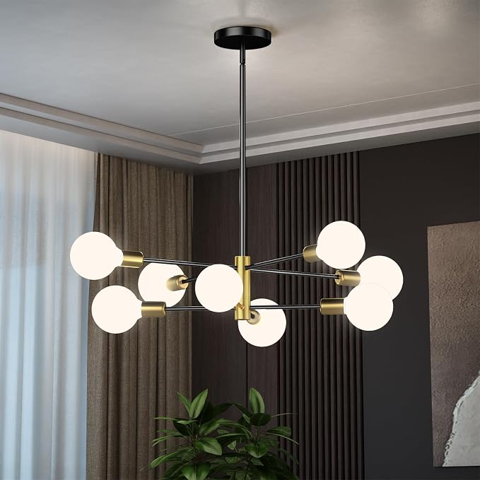 Modern Sputnik Chandelier, Ceiling Light Fixture Flush Mount 8-Light Black and Gold Chandeliers for Living Room Bedroom Dining Room Kitchen, Mid Century Chandeliers, E26 Base,(Bulbs Not Included) by Unknown