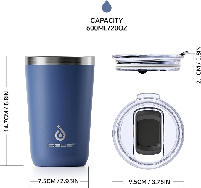 Ideus 20 oz Tumbler, Travel Coffee Mug with Splash Proof Sliding Lid, Double Wall Stainless Steel Vacuum Insulated Coffee Mug for Home and Office, Keep Beverages Hot or Cold, Ocean Blue - Image 6