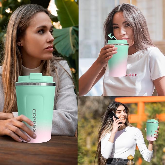 SPLMIFA Travel Coffee Mug Leak-Proof, Reusable Coffee Cups with Lids, Stainless Steel Vacuum Insulated Coffee Tumblers, Thermal Insulation Cup for Men and Women Hot & Cold Drinks(2nd-Green Pink, 17OZ) - Image 6