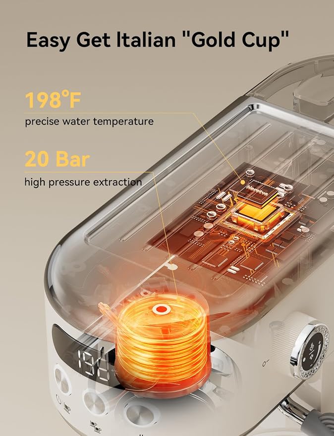 Neretva Espresso Machine 20 Bar Super Compact Espresso Coffee Machine-Beige | Professional Stainless Steel Espresso Maker with LED Display and Powerful Steam for Home Baristas to Make Latte, Cappuccino - Image 2