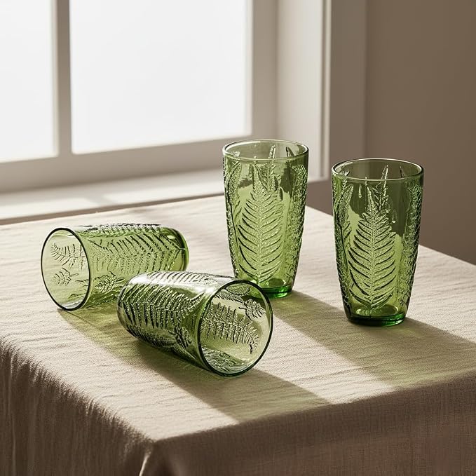 Green Drinking Glasses Set of 8, 16 oz Glass Cups, Vintage Fern Glassware | Hand-Pressed, Dishwasher Safe, Boho Leaf-Textured Drinkware, Colored Embossed Highball Tumblers for Water, Retro Kitchen Gift - Image 2