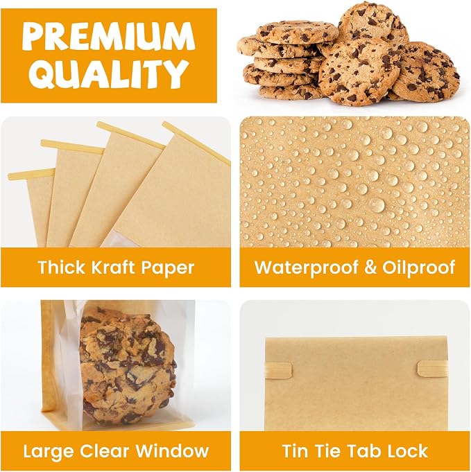 100 Pack Cookie Packaging Bags, 3.9x3.1x8.2 Inches Small Bakery Bags with Window Tin Tie Tab Lock Resealable Paper Treat Bag for Baked Goods Gift Giving and Bake Sale | Thick Material - Image 3