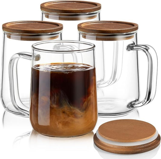 Glass Coffee Mugs, 16 oz Glass Coffee Cups with Acacia Wood Lids, Clear Borosilicate Glass Mugs with Handles for Cappuccino, Tea, Latte, Hot/Cold Beverages, Wine, Americano, Set of 4 by Unknown