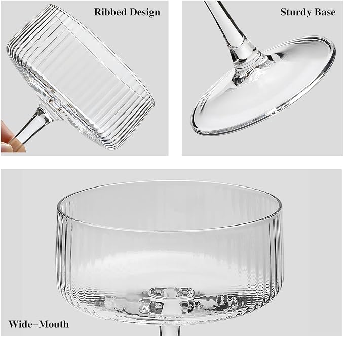 4 Pcs Ribbed Coupe Glasses, 10 oz Vintage Martini Glasses | Elegant Cocktail Glassware Gift Set, Espresso Martini, Wine, Champagne, Home Bar, Parties - Image 3