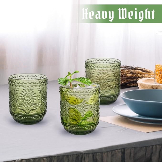 Topsky Vintage Drinking Glass Set of 4,12 oz Embossed Floral Drinkware Set,Green Drinking Glasses Cups Wine Glasses Colored Glassware for Whisky,Beer,Juice,Cocktail,Heavy Duty - Image 3