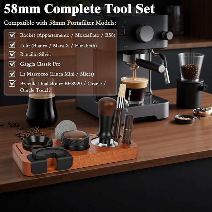 8 PCS Espresso Accessories Kit, 58mm Espresso Tamper Kit Coffee Tamper Set with Coffee Distributor, Espresso Tamping Station, Espresso WDT Stirrer,Dosing Funnel, Fits Breville 58 mm Portafilter - Image 2