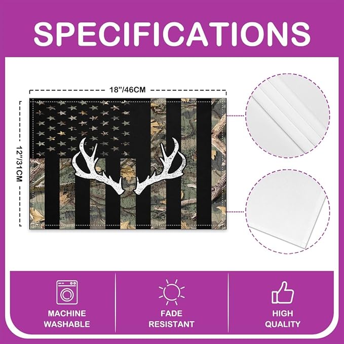 Feelyou American Flag Placemats Set of 4 12"x18" Cute Deer Table Mats Placemat Deer Hunting Placemats for Dining Table Indoor Outdoor Kitchen Antlers Decor Table Place Mats Western Farmhouse - Image 4