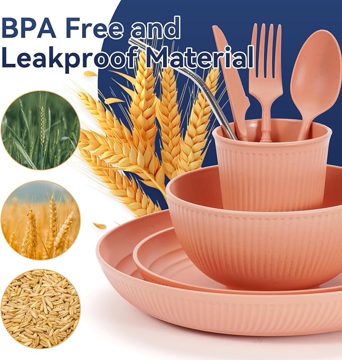 Wheat Straw Dinnerware Sets,64-Piece Plates and Bowls Sets for 8-Unbreakable,Reusable Plastic Dish Set-Dinner Plate/Dessert Plate/Cereal Bowl/Cup/Utensils-Microwavable Dishwasher Safe 64P-Deep Gray - Image 6
