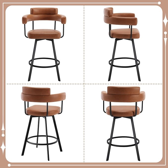 Flouki Swivel Bar Stools with Backs and Arms, Modern Faux Leather Counter Stools Set of 2 for Kitchen Island, 26" Upholstered Counter Height Bar Stools for Kitchen Counter, Dining Room, Brown - Image 7