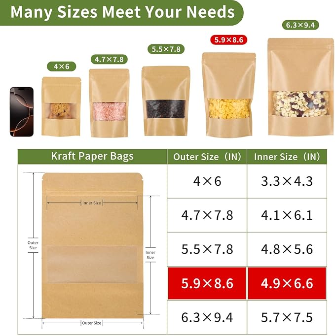 Kraft Paper Bags with Transparent Window, Stand Up Pouches Smell Proof Bags | 100 Pcs 6x8.6 Inch Resealable Bags for Small Business, Zipper. Food Storage,for Packaging Snacks Cookies Candy - Image 3