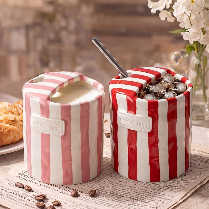 2 Pack Ceramic Coffee Mug with Sip Hole Espresso Cup 10oz with Straws Retro Hand Painted Striped Ceramic Iced Coffee Tea Travel Mug Latte Cup for Kitchen Dining (Simple,Red,Pink) - Image 6