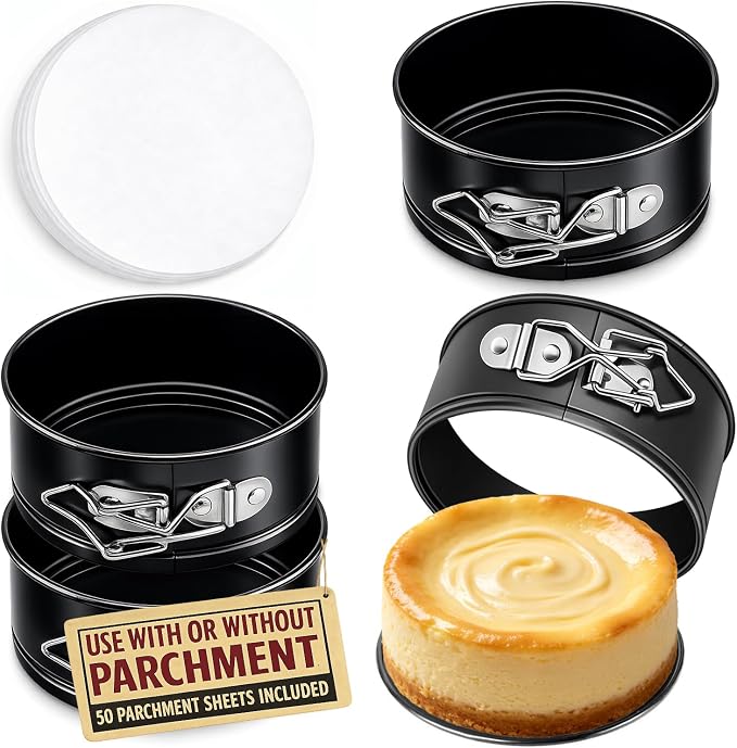 4 Pack Small Springform Cheesecakes Pan 4 Inch Mini 50Pcs Parchment Paper | Carbon Steel Cake Round Tins Leakproof Nonstick Removable Bottom Bakeware for Pie Pizzas and Quiches Baking Mold Set by Tellshun