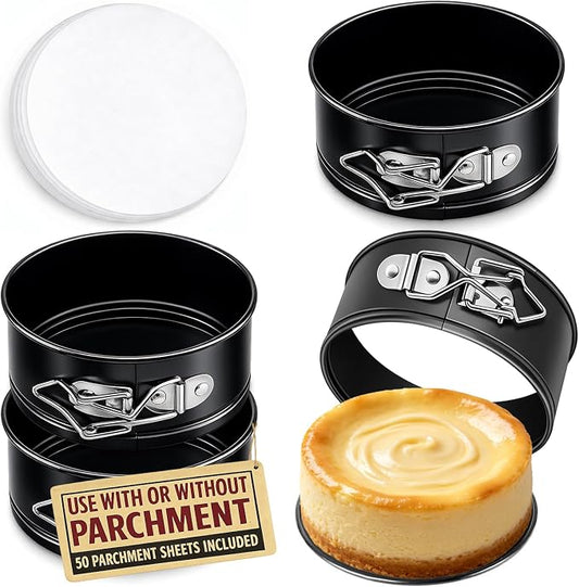 4 Pack Small Springform Cheesecakes Pan 4 Inch Mini 50Pcs Parchment Paper | Carbon Steel Cake Round Tins Leakproof Nonstick Removable Bottom Bakeware for Pie Pizzas and Quiches Baking Mold Set by Tellshun