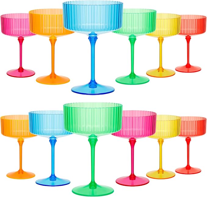 Jingmore 12 Pcs Ribbed Martini Glasses 10 oz Disposable Plastic Vintage Ribbed Coupe Glasses Unbreakable Dessert Parfait Glassware for Wedding Birthday Party Supplies (Hawaii Colors) by Jingmore