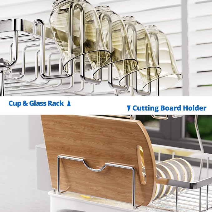 Godboat 2-Tier Dish Drying Rack - 304 Stainless Steel Dish Rack Auto Drain | Dish Racks for Kitchen Counter, Dish Drainer with Knife Fork & Cup Rack, Gifts for Women, Mothers Day, Kitchen Gadget, Silver - Image 6