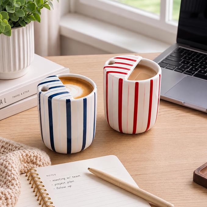 2 Pcs Ceramic Mug with Sip Hole 10 oz Deep Blue Red Striped Ceramic Coffee Mug Hand Painted Travel Mugs Heat Resistant Non Slip Built in One Lid Mugs for Coffee Lovers Appreciation Gift - Image 5