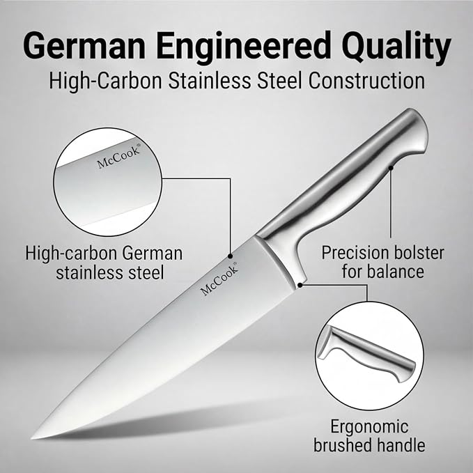 McCook Knife Set Kitchen Steel Knife Block Set w Built-in Sharpener | German Forged Stainless Steel, 20 PC,Razor Sharp, Anti-Rust,Restaurant Grade,Ergonomic Handles,Full Tang,Gift Box - Image 4