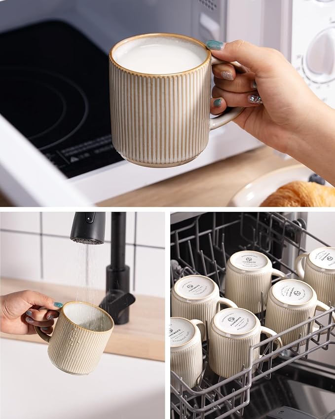famiware Coffee Mug Set for 8, Star 12 oz Catering Mugs Cup Set with Handle for Coffee, Tea, Cocoa, Milk - Ceramic Stoneware Drinkware Set, Cappuccino White - Image 7