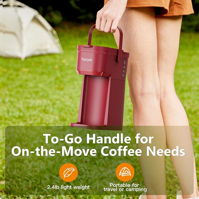 Tastyle Mini Single Serve Coffee Maker for K Cups and Grounds with Handle | for Travel, Camping, Office, RV and Dorm, Portable Handle, 120V, 6 to 12 Oz Brew Size, BPA Free, K302, Vintage Red - Image 4