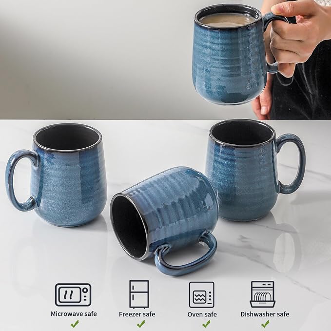 HASENSE Coffee Mugs Set of 4, 12 Ounce Ceramic Coffee Cups with Handle, Large Mug Set for Latte, Tea, Chocolate, Modern Cup Gift for Men and women, Dishwasher & Microwave Safe(Blue) - Image 5