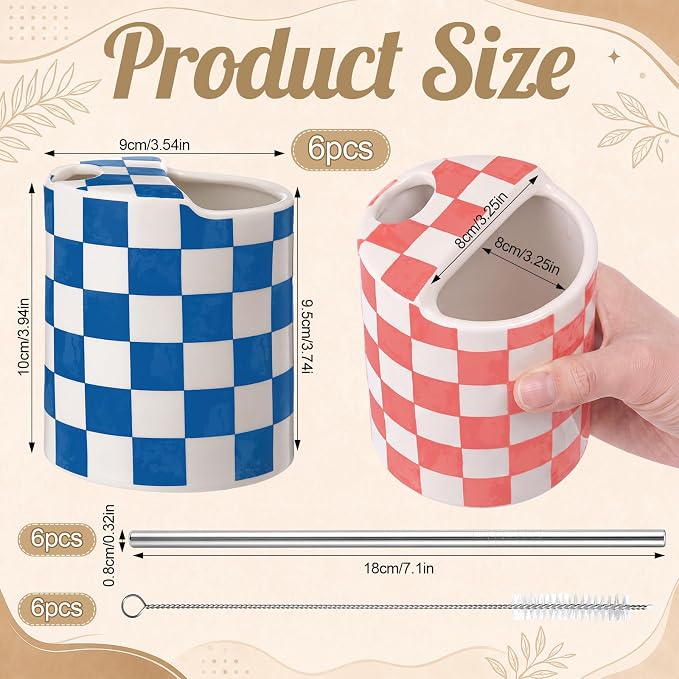 6 Pack Checkered Ceramic Coffee Mug with Sip Hole 10 oz Espresso Cup with Straws Retro Hand Painted Checkered Porcelain Coffee Tea Cup Cappuccino Latte Mug for Kitchen Dining Travel - Image 2